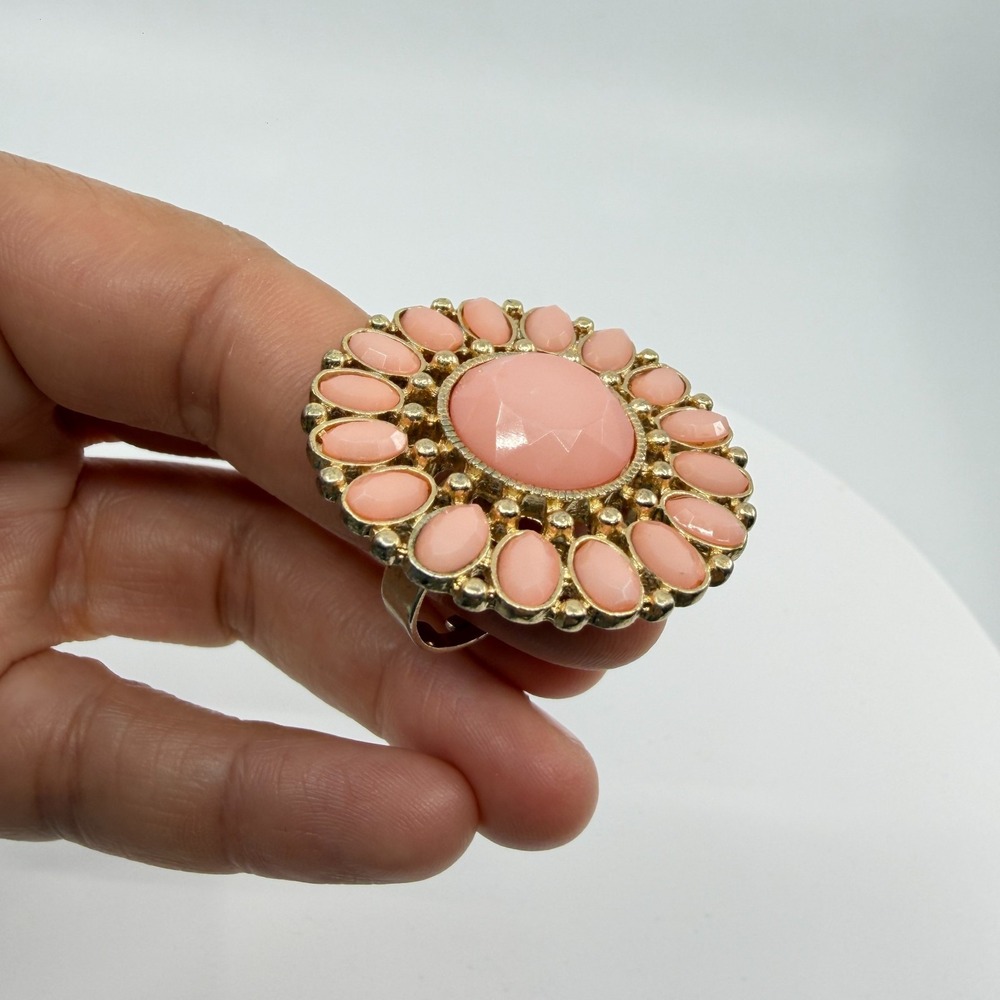 Y2K Gold Tone Ring with Pink Stone Flower Halo - Boho Festival Statement